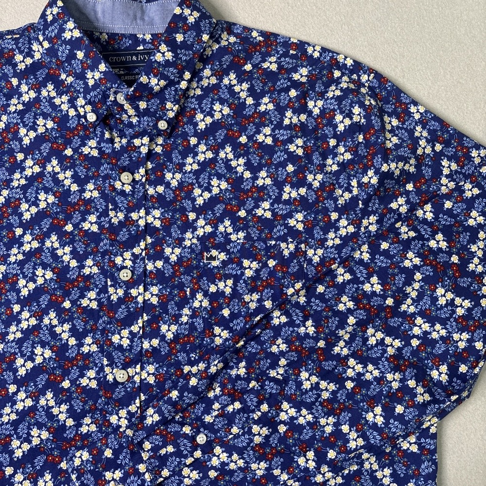 Crown & Ivy Men's Shirt LARGE Blue Floral Long Sleeve Button Down Preppy Fun